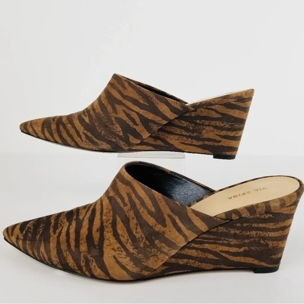 Via Spiga tiger print suede wedge mules